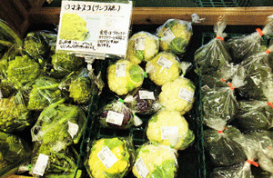 直売所「大地のめぐみ」では、組合員のつくった野菜が並ぶ。品目が多く、中にはめずらしい種類も